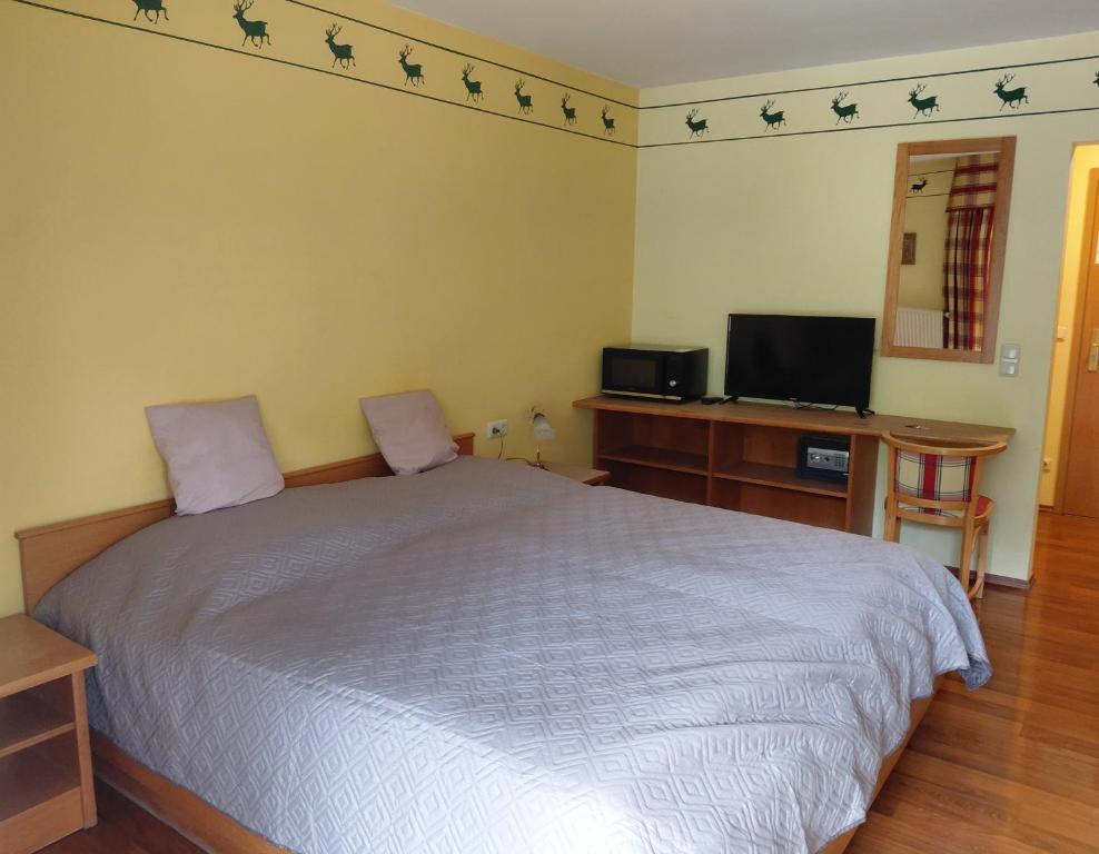a bedroom with a bed and a desk and a television at Apartment 35, 36 Christopherhof Grafenwiesen in Grafenwiesen