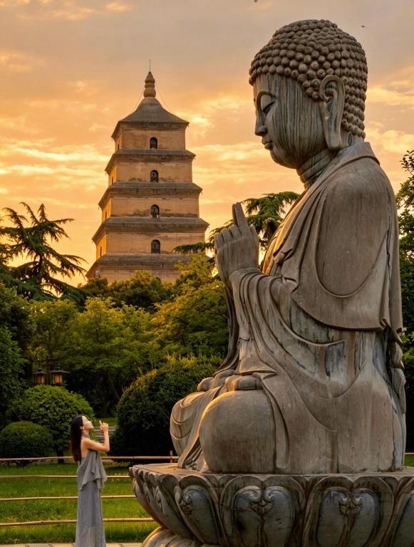 a woman taking a picture of a statue in front of a building at Lucky Designer Residence Near Bell Tower & City Wall in Xi'an