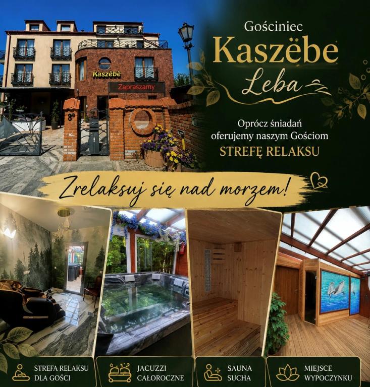 a collage of photos of a house with a sign at Gościniec Kaszebe in Łeba