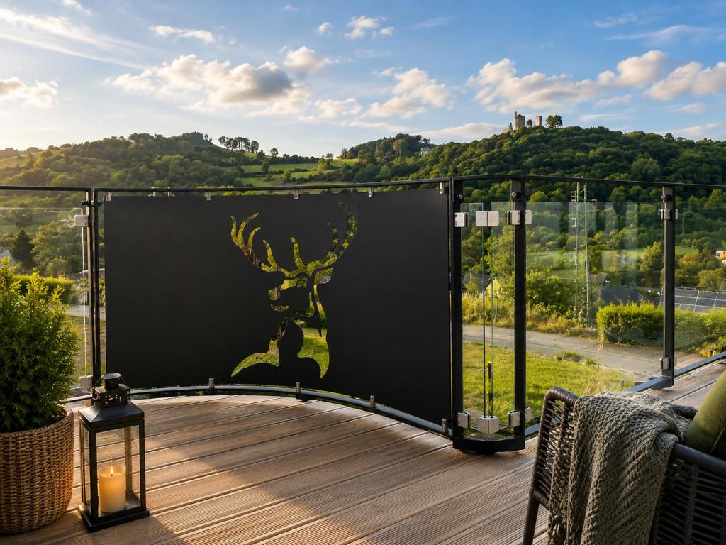 eine überdachte Terrasse mit Blick auf einen Berg in der Unterkunft Wellness Appartement Eifelglück in Pelm