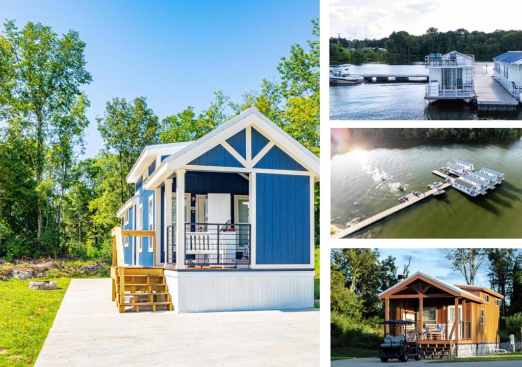 a collage of pictures of a house on the water at Four Corners RV Resort in Antioch
