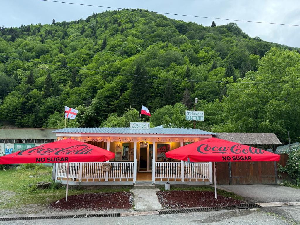 a restaurant with red umbrellas in front of a mountain at Konstanta in Lentekhi
