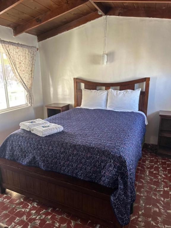a bedroom with a bed with a blue comforter at Rancho Meling in Camalú