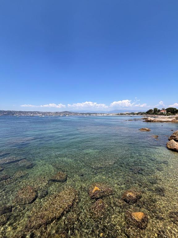 a view of the ocean with rocks in the water at Le Pavillon du Cap d'Antibes in Antibes