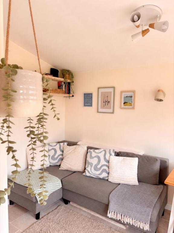 a living room with a couch and a plant at The Coastal Cosy, St Merryn, Padstow in Saint Merryn