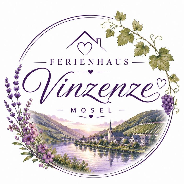 a label for a vineyard with a picture of a river and a castle at Ferienhaus Vinzenze in Ediger-Eller