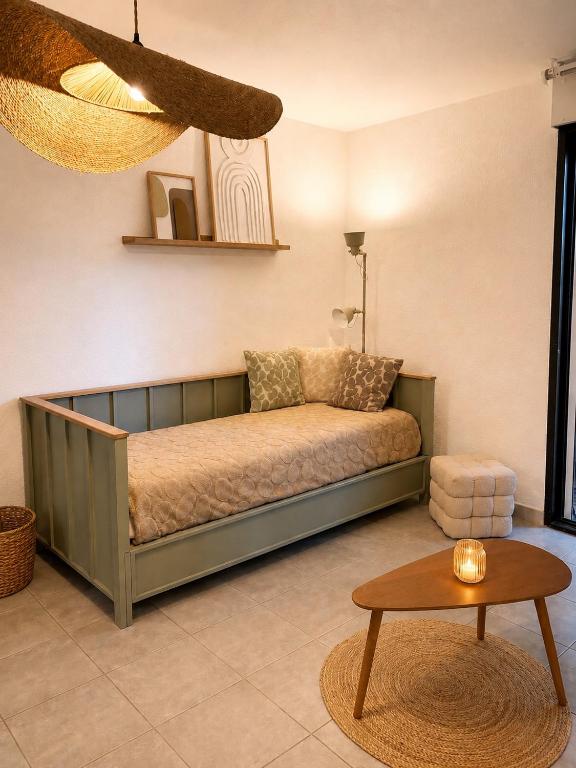 a couch in a living room with a table at Charmant studio,Terrasse et Parking in Montpellier
