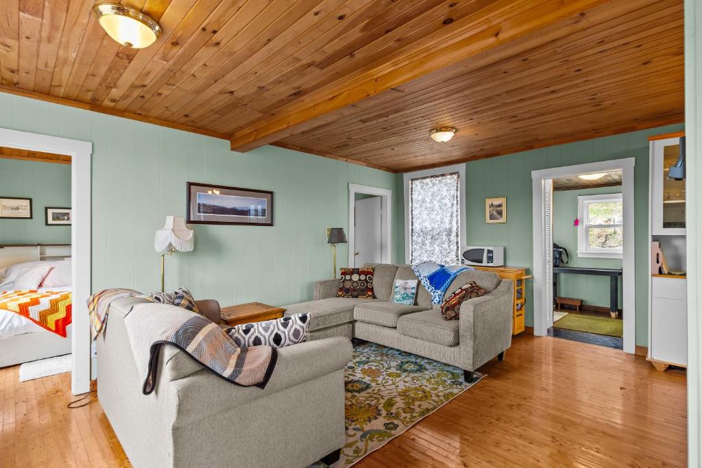 a living room with two couches and a bed at Brigus Cottage Parking, Fire Pit & Garden in Brigus