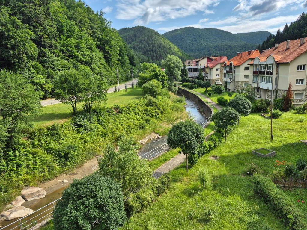 a river flows through a village in the mountains at Apartament Salcia Slanic Moldova in Slănic-Moldova