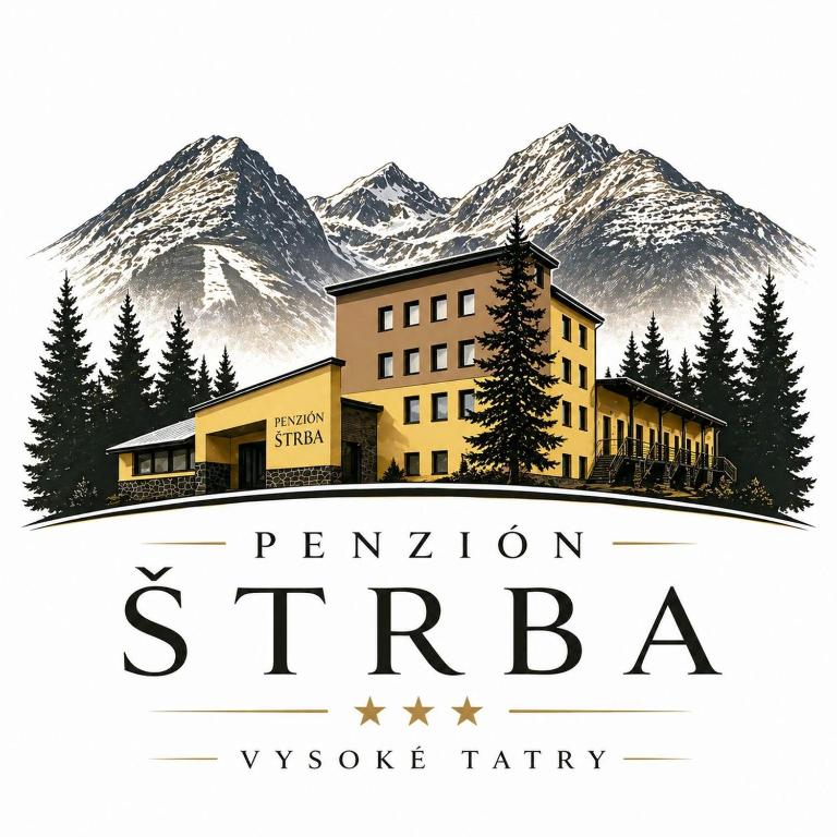 a logo for a hotel with mountains in the background at Penzión Štrba in Štrbské Pleso