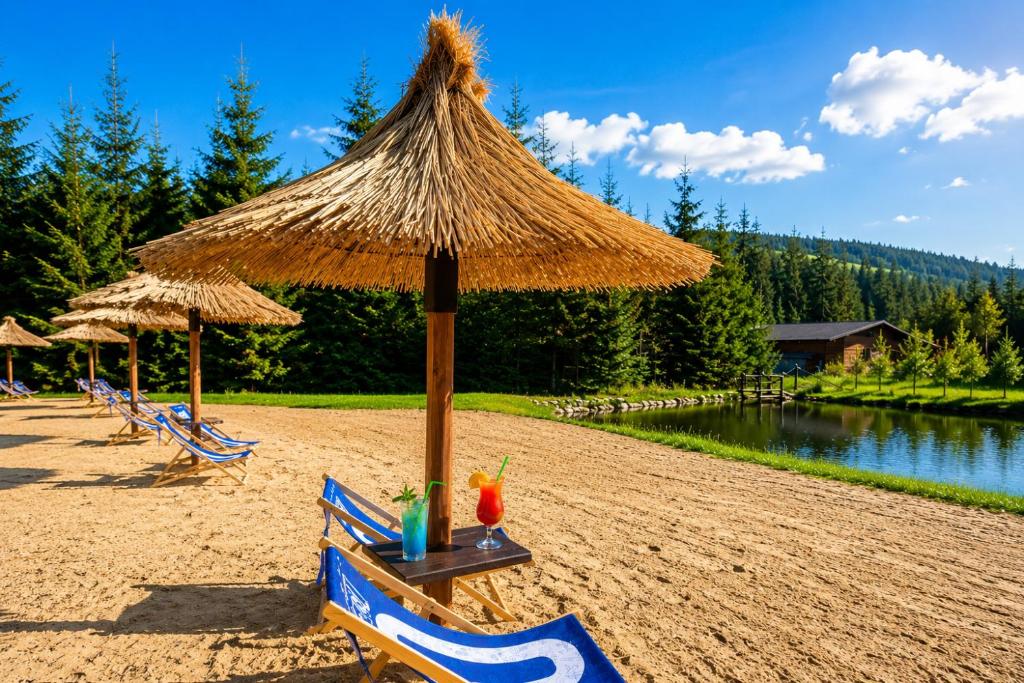 a beach with chairs and a straw umbrella and water at Tatrzański Bór Apartamenty in Małe Ciche