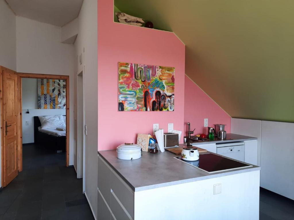 a kitchen with a pink wall and a counter at Wohnung in einer kleinen Burg in Neunkirchen