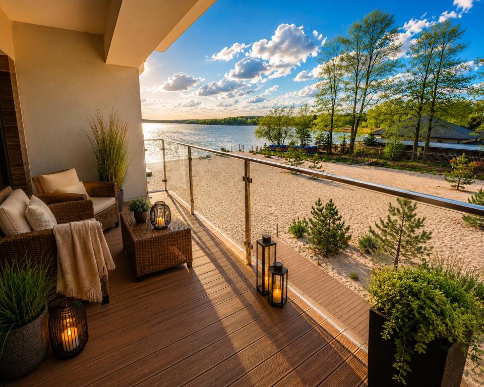 a balcony with a view of the water at Boszkowo Horizon Park Apartament 16 "Miętowy" in Boszkowo