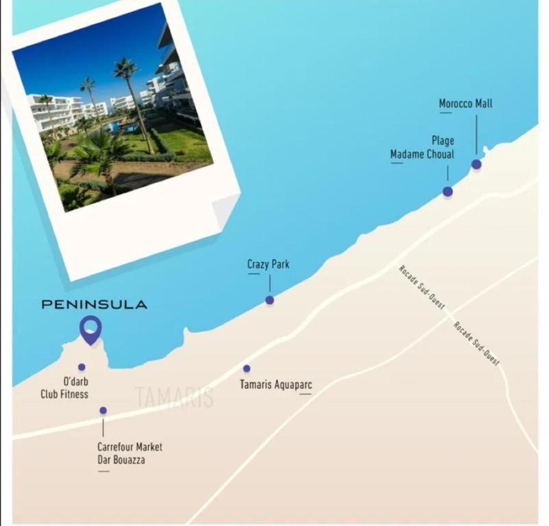 a map of the beach with a picture of the resort at Peninsula promenade in Tamaris