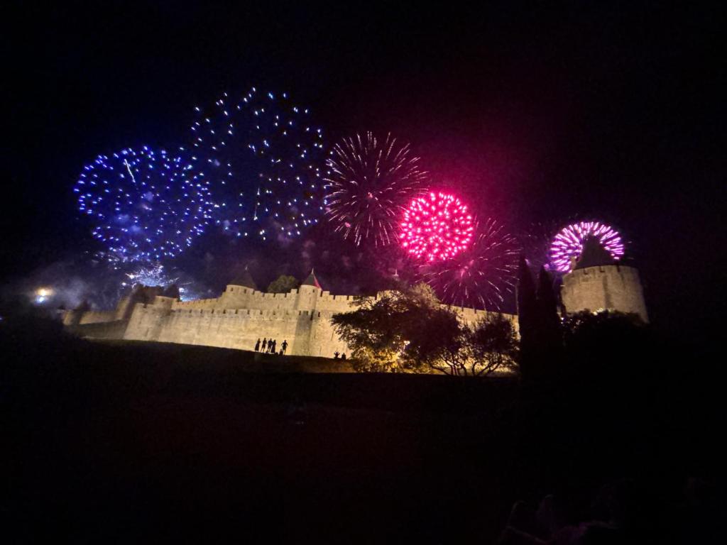 a night view of a castle with fireworks at Le jardin de la Vade in Carcassonne