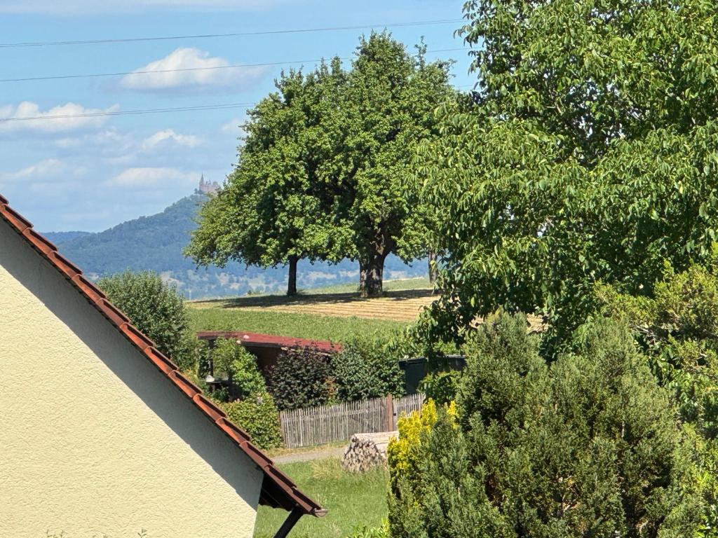 a view of a yard with trees and a house at Ferienhaus Tal in Geislingen