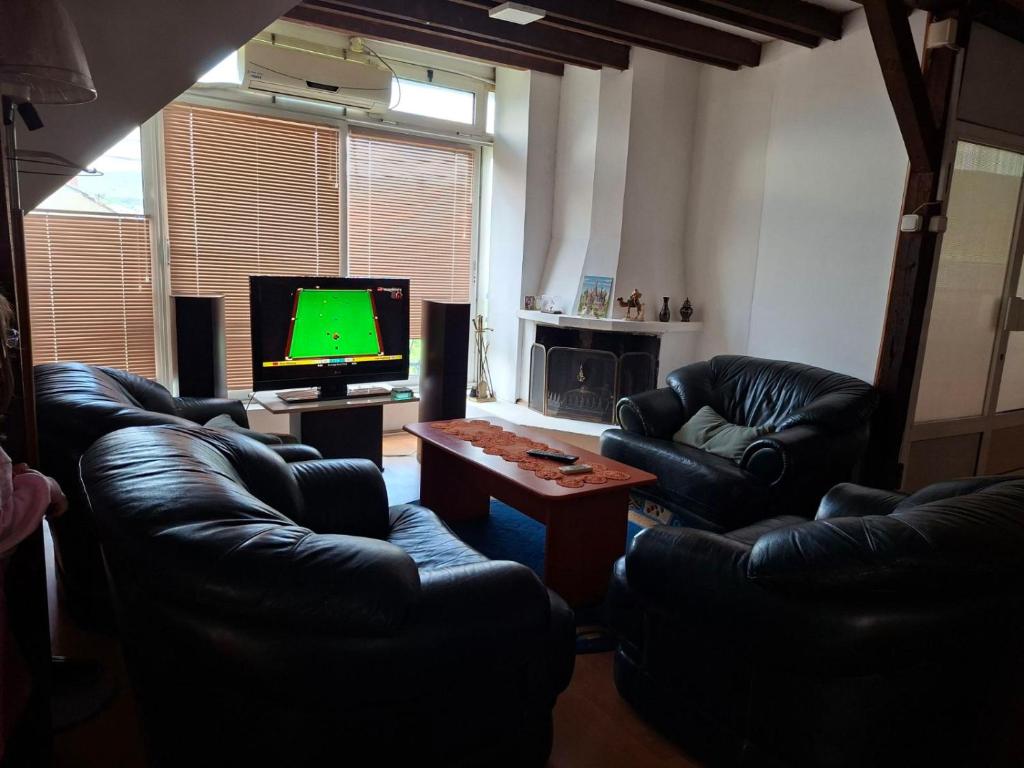 a living room with two leather chairs and a television at Ace Apartments in Bitola