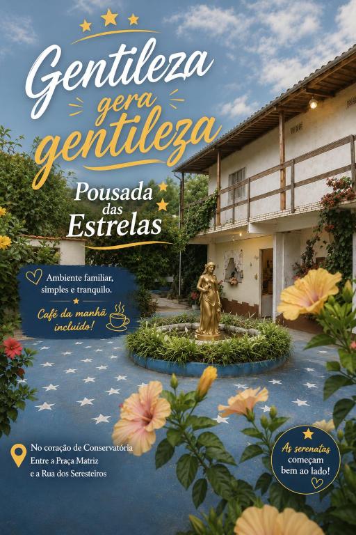 a flyer for a resort with a statue and flowers at Pousada das Estrelas - Centro de Conservatória - rua principal in Conservatória
