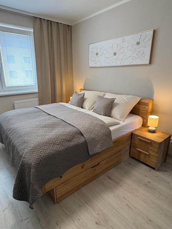 a bedroom with a large bed and a window at Apartmán pod Rovencom in Nové Mesto nad Váhom
