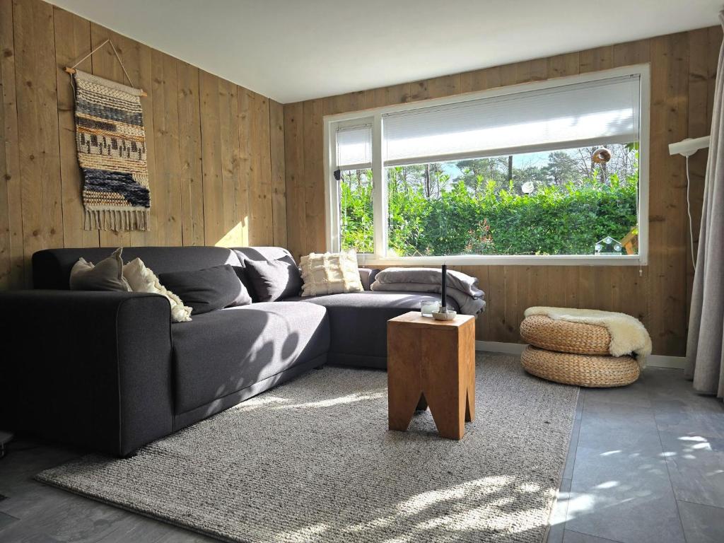 a living room with a couch and a window at Scandinavian Forest Cabin in Twente in Markelo