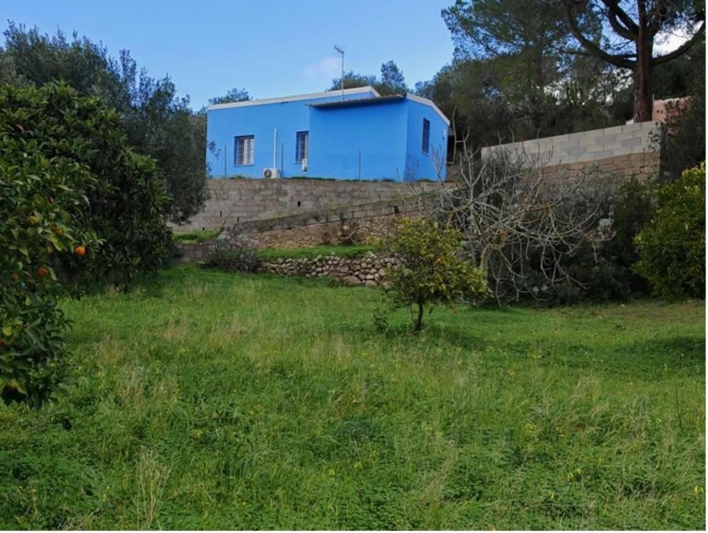 a blue house on a wall in a field at Blue Sky Sardinia in Sorso