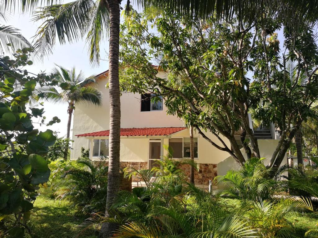 a house with palm trees in front of it at Entre Dos Aguas in Coyuca