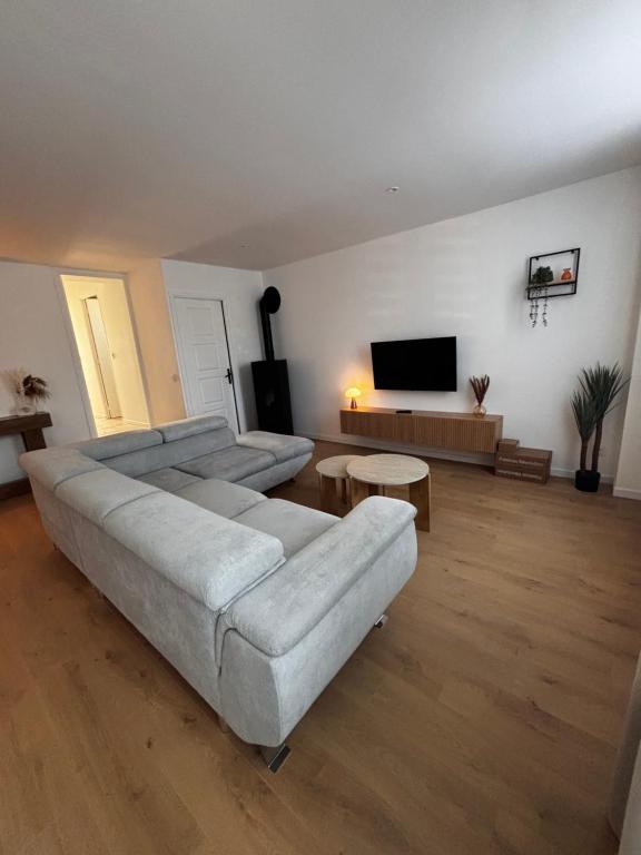a living room with a couch and a tv at Le Comptoir du Relais in Beine