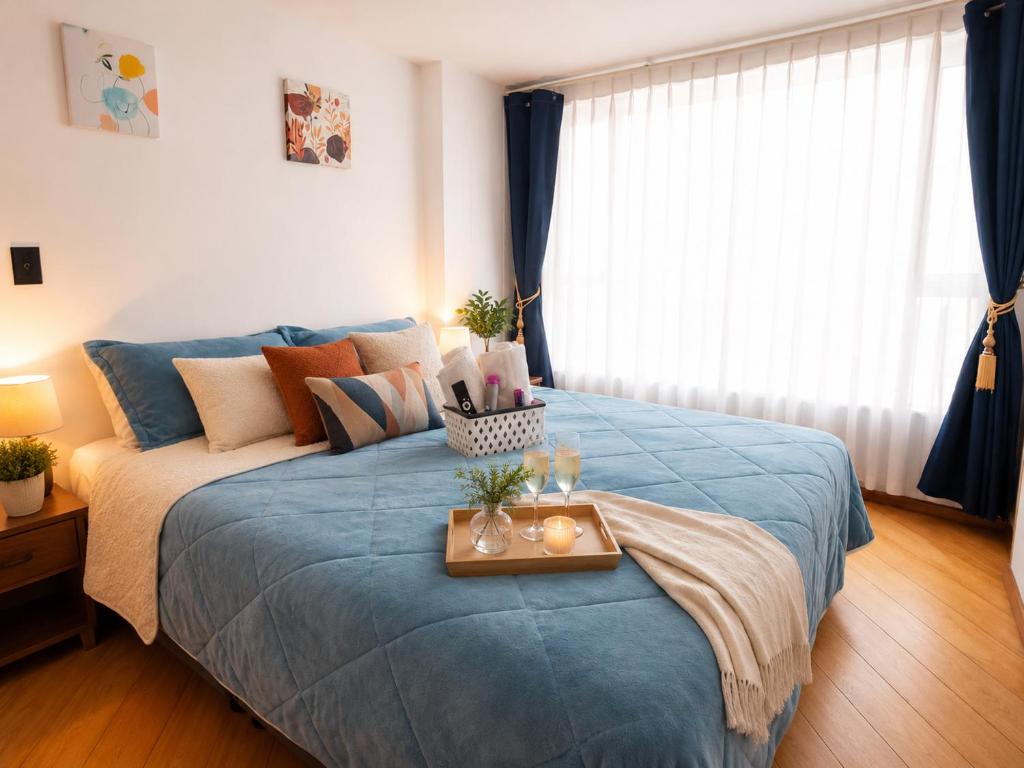 a bedroom with a blue bed with a tray on it at Estudio inteligente en el Corazón del Norte de Tunja Tecnología, Confort y Ubicación Top in Tunja
