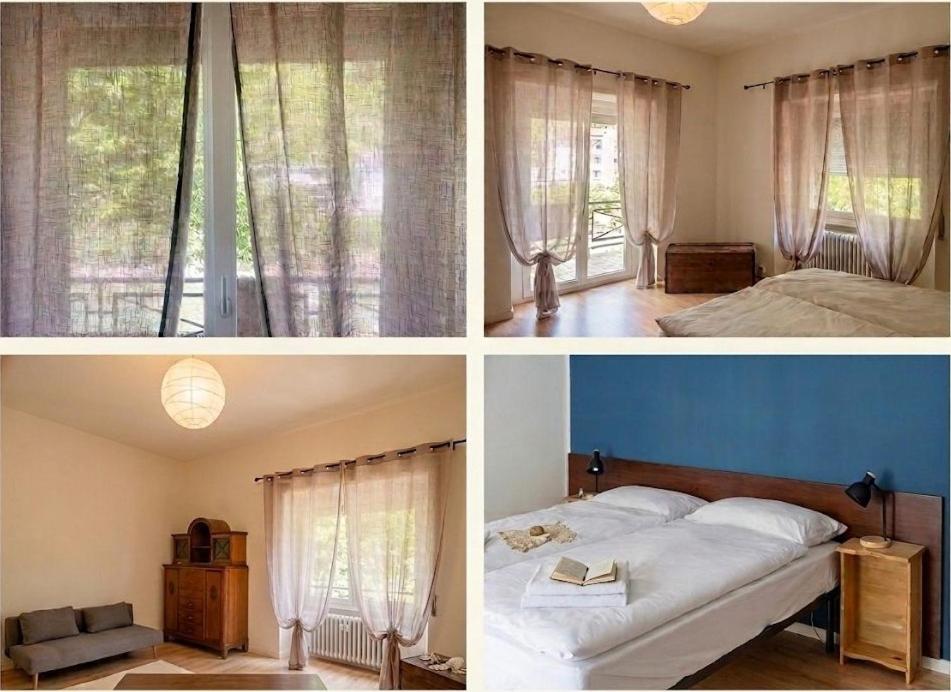 three pictures of a bedroom with a bed and a window at Arturs B&B Roveredo in Roveredo