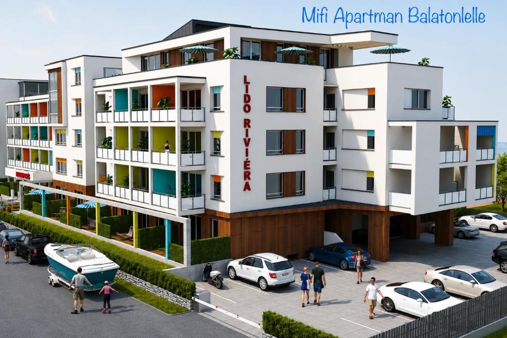 a rendering of a apartment building with cars parked in a parking lot at Mifi Apartman Balatonlelle in Balatonlelle