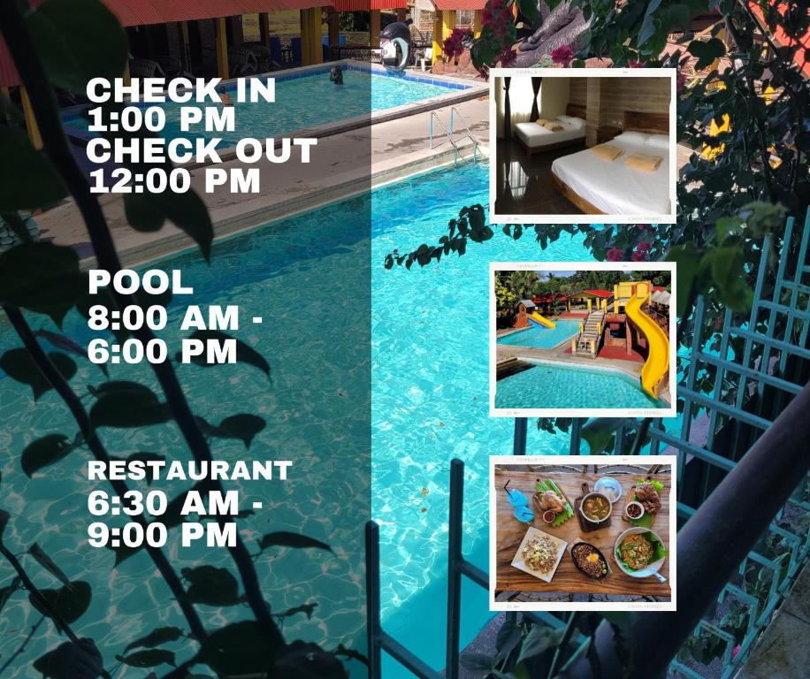 a collage of photos of a swimming pool with a price list at Lucena Fresh Air Hotel in Lucena