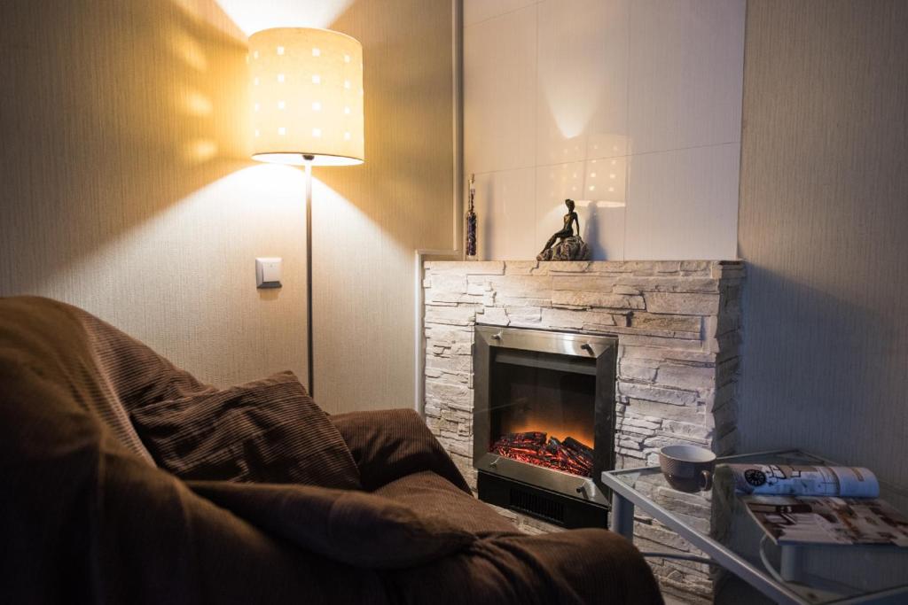 a living room with a fireplace and a couch at Studio Ember at Maidan Konstytutsii in Kharkiv