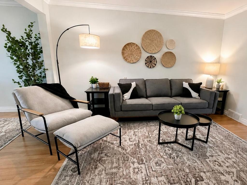 ein Wohnzimmer mit Sofa und Tisch in der Unterkunft Badlands Basecamp in Drumheller