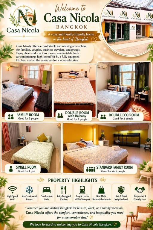 a flyer for a hotel with different types of beds at Casa Nicola BKK in Ban Na Song