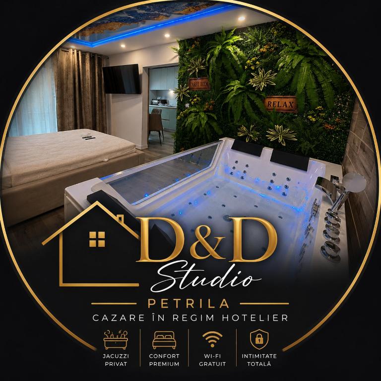 a hotel room with a tub in a room at D&D Studio in Petrila