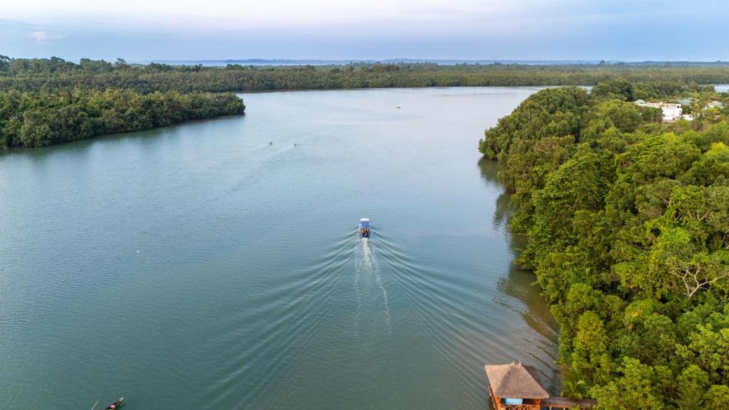 an aerial view of a boat on a river at Madigane Residence Assinie in Assinie