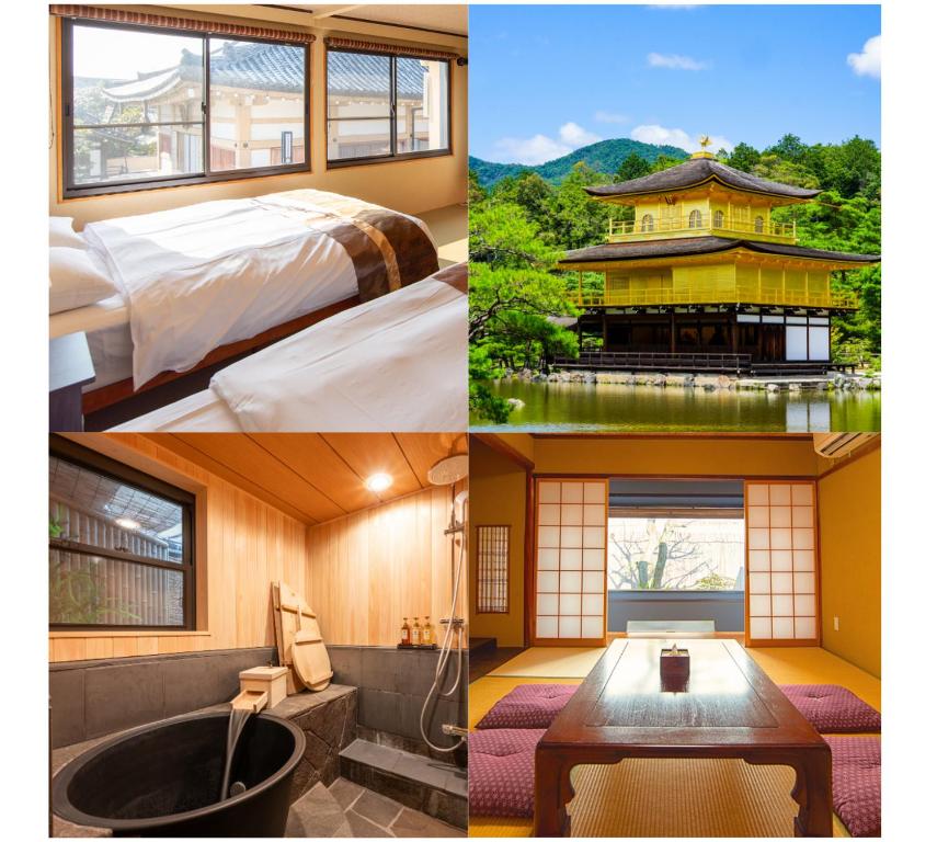 a collage of four pictures of a hotel room at Spacious Kyoto Machiya - Goemon Bath - 4BR in Kyoto