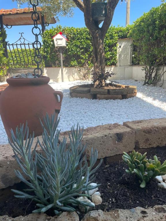 a large vase sitting in a garden with plants at Sweet home Torre del lago in Torre del Lago Puccini