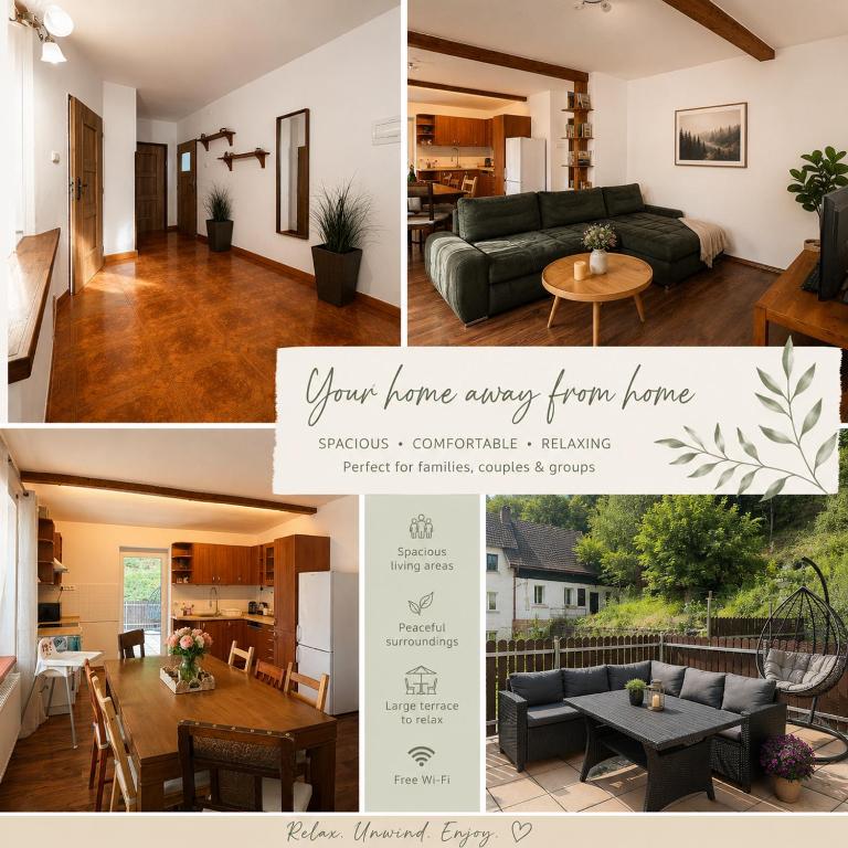 a collage of photos of a living room and a dining room at Hřensko 27 Apartmány in Hřensko