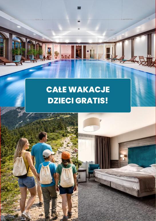 a collage of photos of a family walking around a pool at Hotel Konradówka Wellness & SPA - 300 metrów do centrum in Karpacz