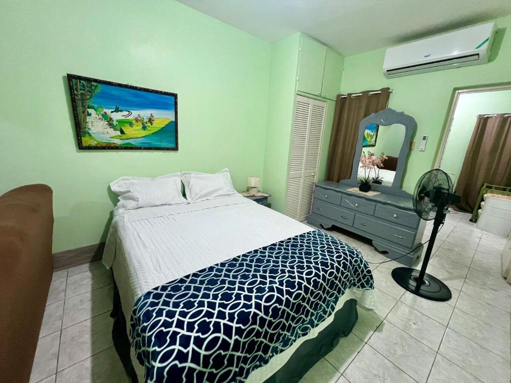 a bedroom with a bed and a dresser and a mirror at Ava s Cozy Studio in Tunbridge