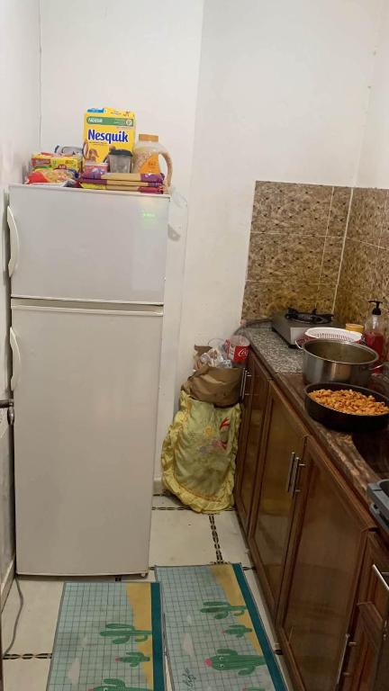 a kitchen with a white refrigerator in a kitchen at الشروق in Al Ḩusānīyah