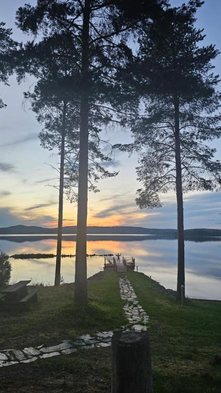 a group of people standing on a path next to a lake at Boutique Hotelli Kivennapa in Pieksä