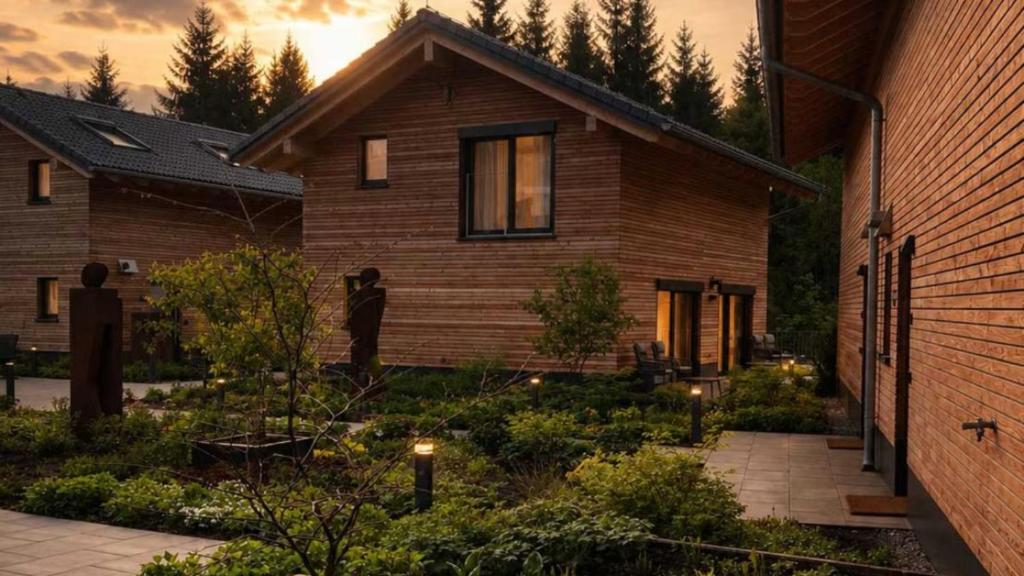 a house with a garden in front of it at Allgäuer Bergwald Chalets in Oberstaufen