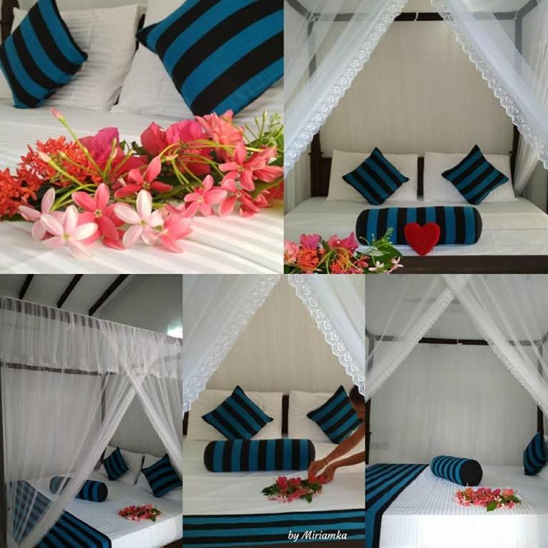 a collage of photos of a bed with flowers on it at Sigiriya Danu Homestay in Sigiriya