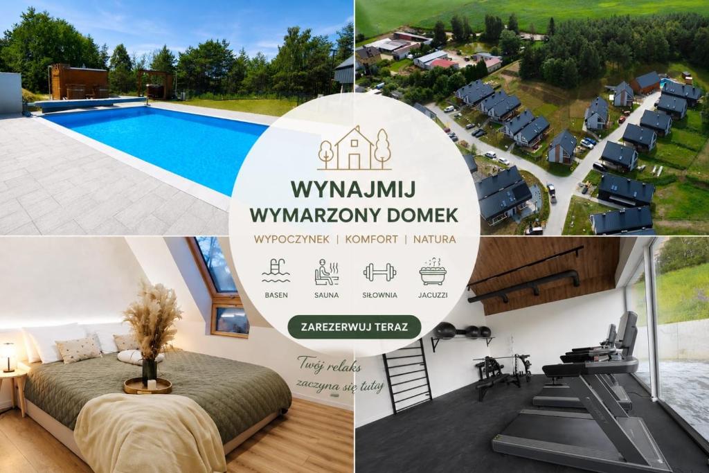 a collage of photos of a villa with a swimming pool at Domek Reset Kaszuby - Basen, Jacuzzi, Sauna, Siłownia in Łączyno