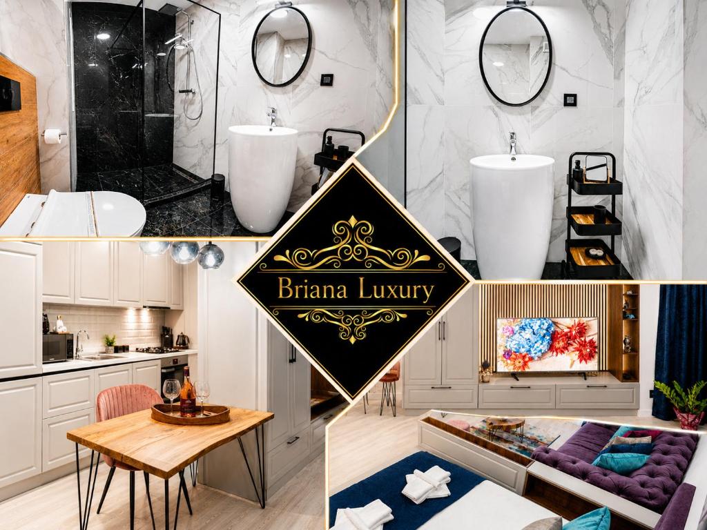 a collage of photos of a bathroom with a sign at Briana Luxury Panoramic View in Cluj-Napoca