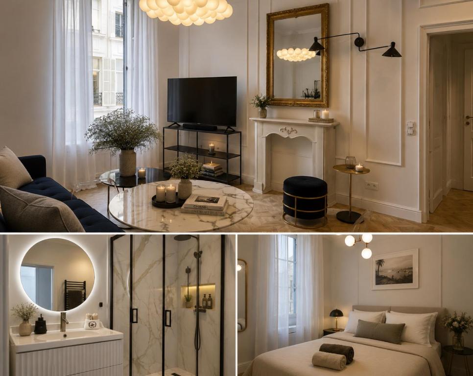 a living room with a bed and a fireplace at Touchlux apartments in Cannes