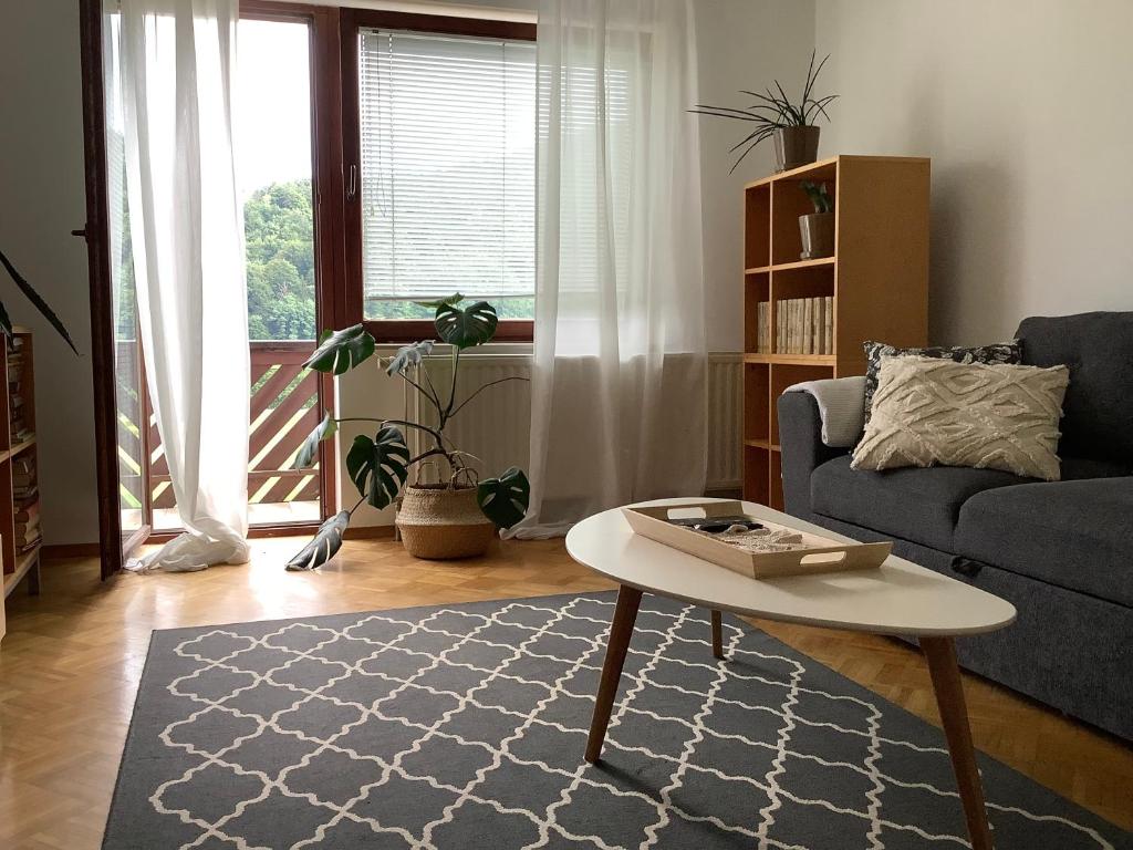 a living room with a couch and a coffee table at Elly Apartment - 20 min to Ljubljana in Kresnice