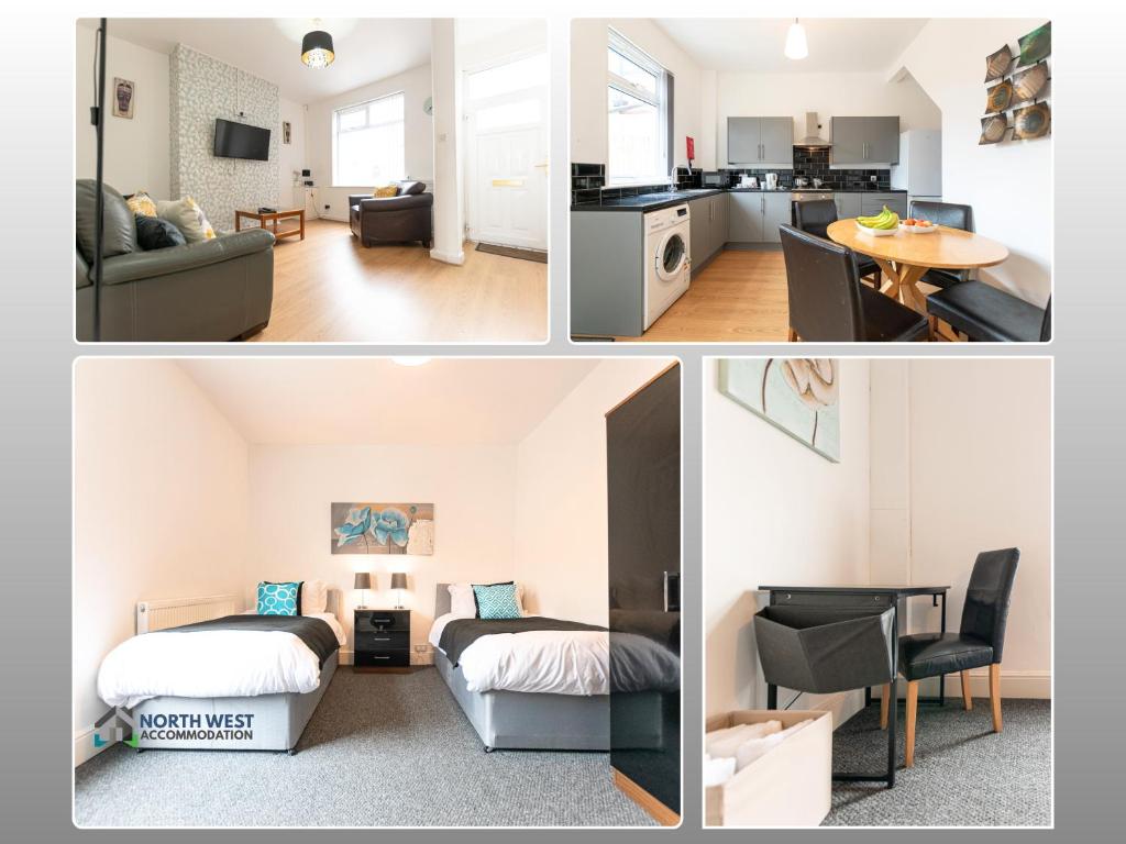 a collage of four pictures of a room at Leigh 2-Bedroom House Near Haydock & Wigan in Leigh